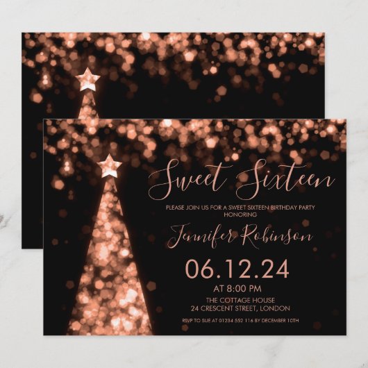 Invitation Soirée Rose Gold & Black Christmas Sweet 16 Party (Devant / Derrière)