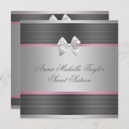 Invitation Soirée rose Noir Doux 16 Anniversaire (Devant / Derrière)