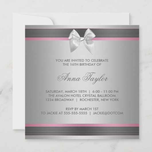 Invitation Soirée rose Noir Doux 16 Anniversaire (Dos)
