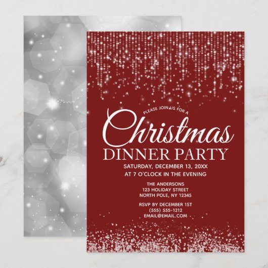Invitation Soirée Rouge en Argent Lumières Dîner de Noël (Devant / Derrière)