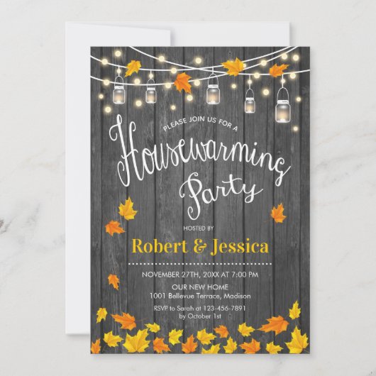 Invitation Soirée rustique - Feuilles d'automne en bois gris (Devant)