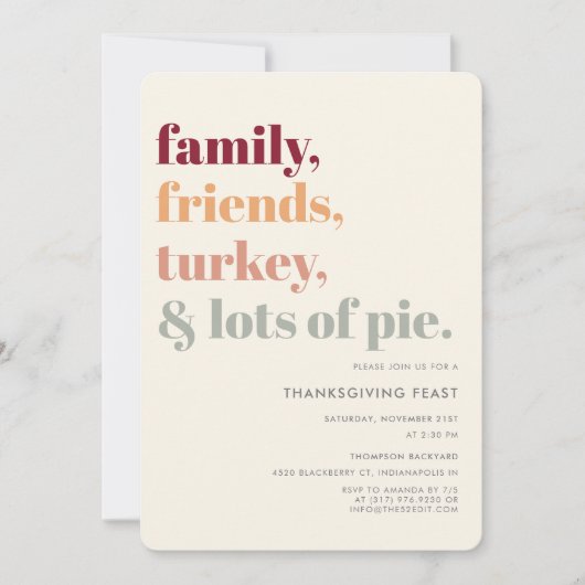 Invitation Soirée Rustique Simple Thanksgiving Diner Fête (Devant)