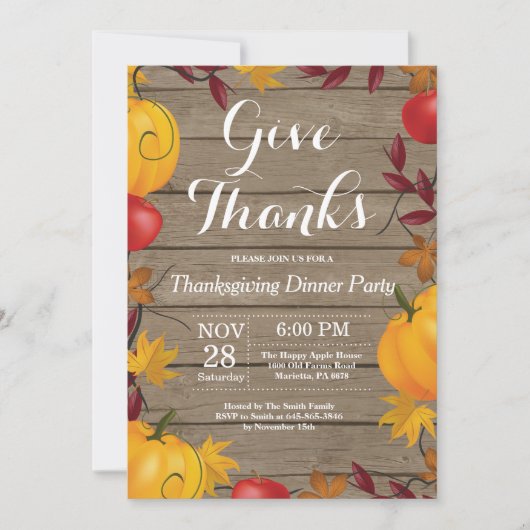 Invitation Soirée Rustique Thanksgiving Diner Party Automne a (Devant)