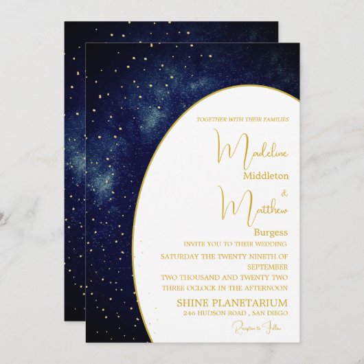 Invitation Soirée Sky Gold Stars Blue Modern Mariage (Devant / Derrière)