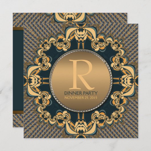 Invitation Soirée Soirée Soirée Monogramme Turquoise Gold Inv (Devant / Derrière)