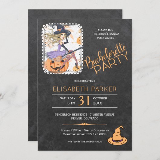 Invitation Soirée sorcière d'Halloween et soirée citrouille (Devant / Derrière)