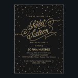 Invitation Soirée Stars Gold & Black Sweet sixteen Party<br><div class="desc">L'effet de parties scintillant dorée scintillante sur les nuages de confetti autour de cette belle invitation de fête d'anniversaire de Sweet sixteen noir veloutée, avec un script d'effet parties scintillant dorée lisant, "Sweet sixteen". Parfait pour une soirée chic et chic ! Oeuvre originale de Colleen Michele. Veuillez noter qu'il n'y...</div>