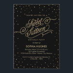 Invitation Soirée Stars Gold & Black Sweet sixteen Party<br><div class="desc">L'effet de parties scintillant dorée scintillante sur les nuages de confetti autour de cette belle invitation de fête d'anniversaire de Sweet sixteen noir veloutée, avec un script d'effet parties scintillant dorée lisant, "Sweet sixteen". Parfait pour une soirée chic et chic ! Oeuvre originale de Colleen Michele. Veuillez noter qu'il n'y...</div>
