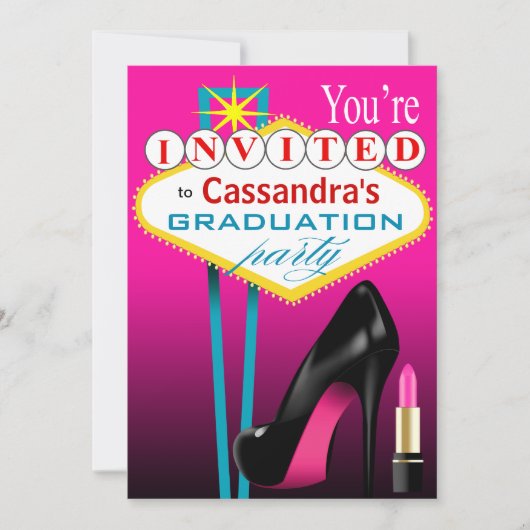 Invitation Soirée Stiletto et rouge à lèvres fuchsia à Las Ve (Devant)