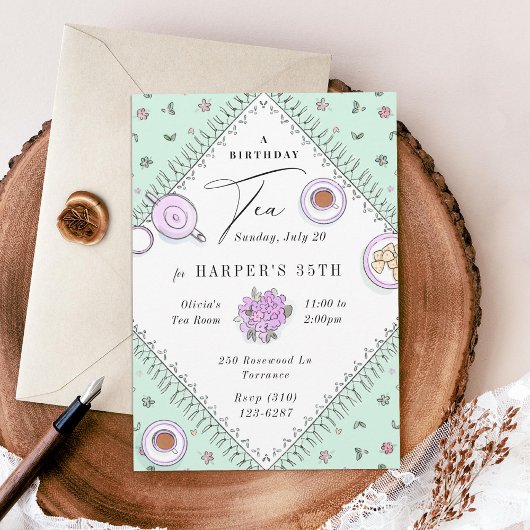 Invitation Soirée Tea Party Menthe verte Anniversaire