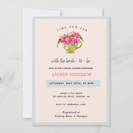 Invitation Soirée Tea Party rose et bleu douche nuptiale (Devant)