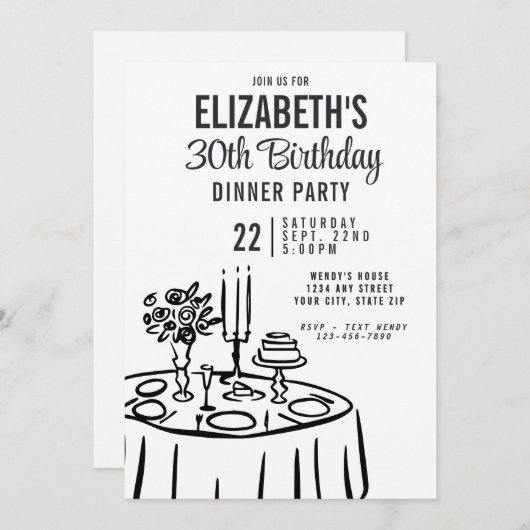 Invitation Soirée tendance Noir & Blanc 30e anniversaire (Devant / Derrière)