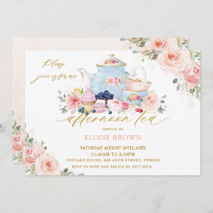 Invitation Soirée thé à la florale rose-bleu élégant