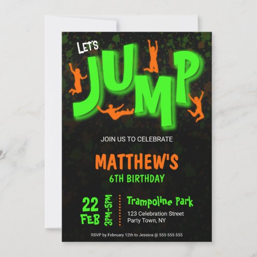 Invitation Soirée Trampoline Peinture Vert Orange Neon Annive (Devant)