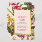Invitation Soirée tropicale Feuille rose et verte avec or (Devant / Derrière)