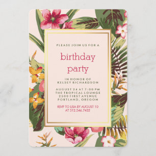 Invitation Soirée tropicale Feuille rose et verte avec or