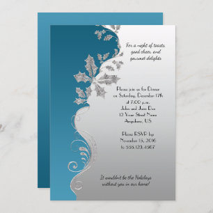 Invitation Soirée Turquoise Ornate Argent Holly Fête de Noël