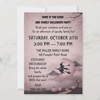 Invitation Soirée Volante Sorcière & Lune Rose Halloween Vint