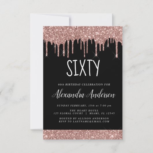 Invitation Soixante - 60e Rose Gold Parties scintillant noire (Devant)