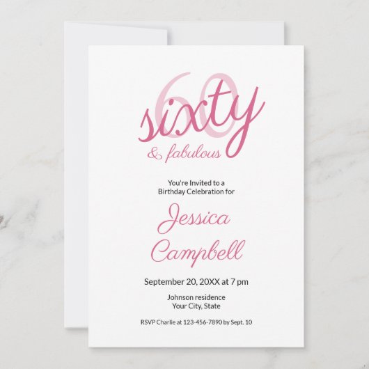 Invitation Soixante ans et Fabuleux Écriture Rose 60e Anniver (Devant)