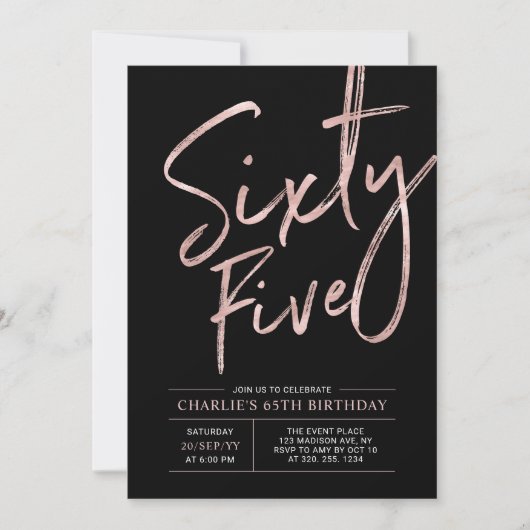 Invitation Soixante-cinq | Rose Gold & Black 65e anniversaire (Devant)