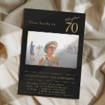 Invitation Soixante-dix Black Gold 70th Birthday Party Photo<br><div class="desc">Faites votre 70e anniversaire extra spécial avec cette magnifique invitation noire et or de Zazzle! Nos invitations noirs de fête sur mesure disposent d'une belle police de script aux accents d'or gras pour une touche luxueuse. Customisez facilement les détails de votre événement sur la carte et ajoutez votre photo préférée....</div>