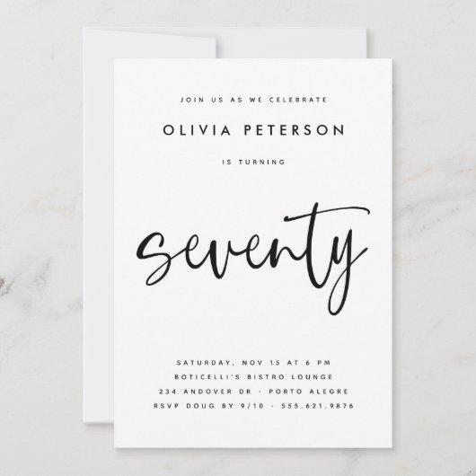 Invitation Soixante-dix moderne B&W 70e Anniversaire Typograp (Devant)