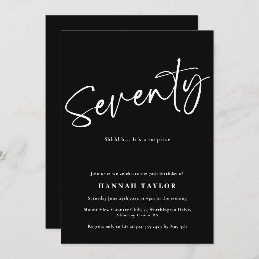 Invitation Soixante-dix noir blanc Simple Script 70e annivers (Devant / Derrière)