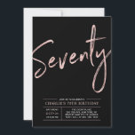 Invitation Soixante-dix | Rose Gold & Black 70th Anniversaire<br><div class="desc">Célébrez votre jour spécial avec cette invitation simple et élégante pour une fête d'anniversaire de 70 ans. Ce design présente un "Soixante-dix" écrit en brush script avec une mise en page épurée en combinaison de couleurs noir et rose gold. Plus de designs disponibles dans ma boutique BaraBomDesign.</div>