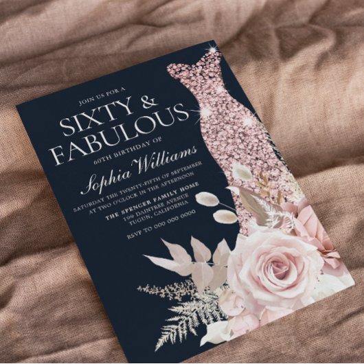 Invitation Soixante et fabuleux ! Dusty Rose Floral 60e anniv