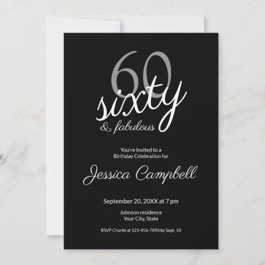 Invitation Soixante et Fabuleux Script Noir 60e Anniversaire (Devant)