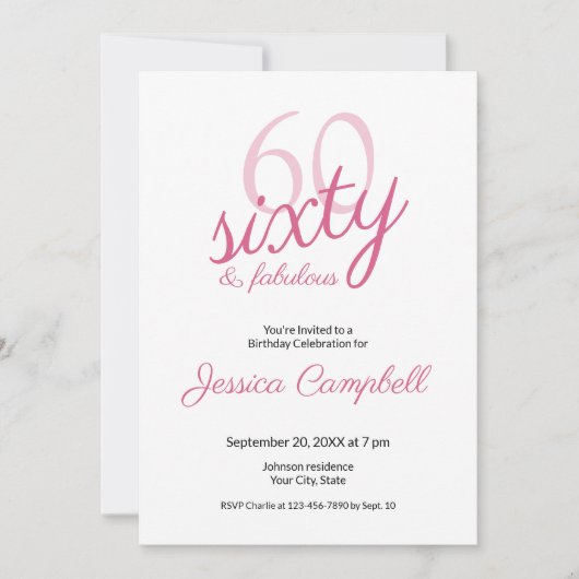 Invitation Soixante et Fabuleux Script Rose 60e Anniversaire (Devant)