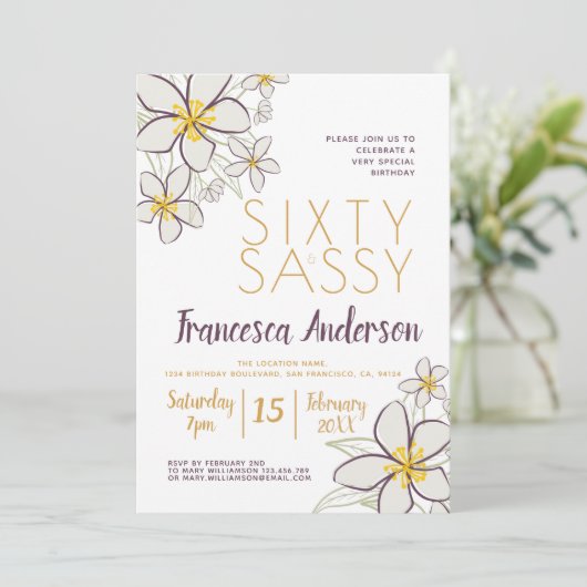 Invitation Soixante et sassy moderne violet or Jasmine Floral (Debout devant)