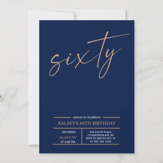 Invitation Soixante | Gold & Blue moderne 60th Birthday Party (Devant)