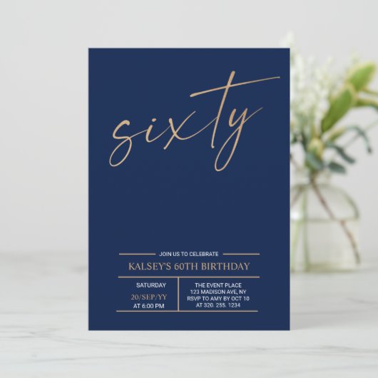 Invitation Soixante | Gold & Blue moderne 60th Birthday Party (Debout devant)