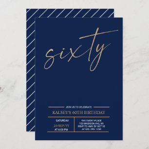 Invitation Soixante Gold & Blue moderne 60th Birthday Party