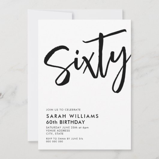 Invitation Soixante Noir moderne et blanc 60e anniversaire (Devant)