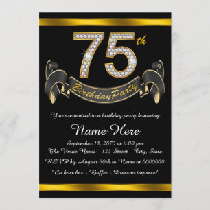 Invitation Soixante-quinzième fête d'anniversaire Noir et Or