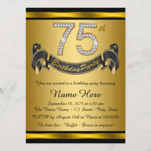 Invitation Soixante-quinzième fête d'anniversaire Noir et Or