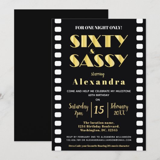 Invitation Soixante & Sassy Gold Black Roaring 20s Style ciné (Devant / Derrière)