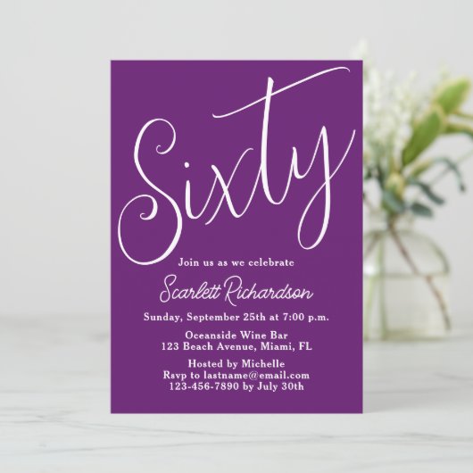 Invitation Soixante Script moderne Automne Purple 60e anniver (Debout devant)