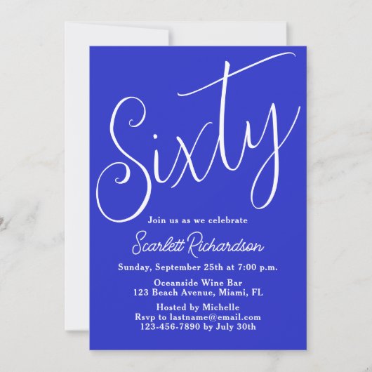 Invitation Soixante Script moderne Royal Blue 60e fête d'anni (Devant)