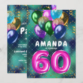 Invitation Soixantième anniversaire Ballons roses colorés 60e (Devant / Derrière)
