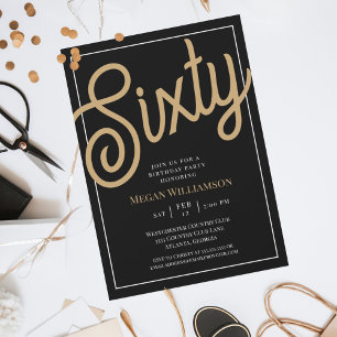 Invitation Soixantième anniversaire chic noir et or écriture