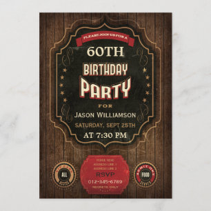 Invitation soixantième Tableau vintage et bois d'anniversaire