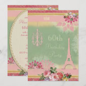 Invitation soixantième Tour Eiffel et lustre roses (Devant / Derrière)