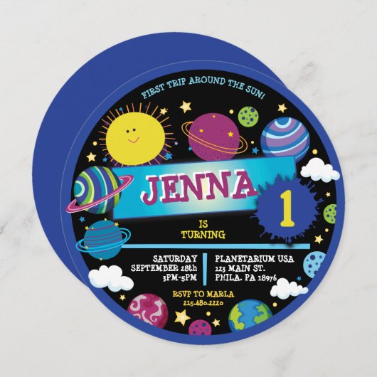 Invitation SOLAR SYSTEM SUN Baby's First Birthday Party (Devant / Derrière)