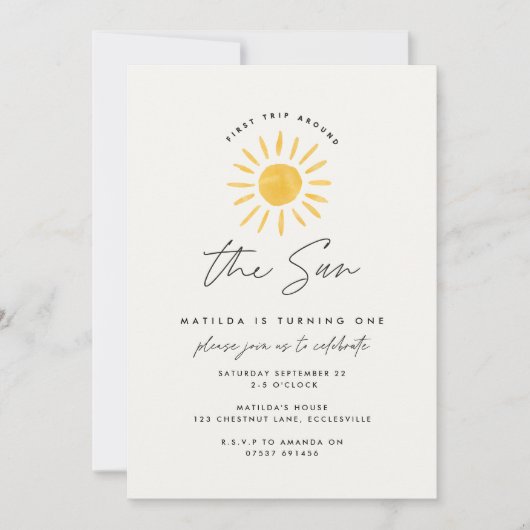 Invitation soleil 1er anniversaire aquarelle soleil jaune mod (Devant)