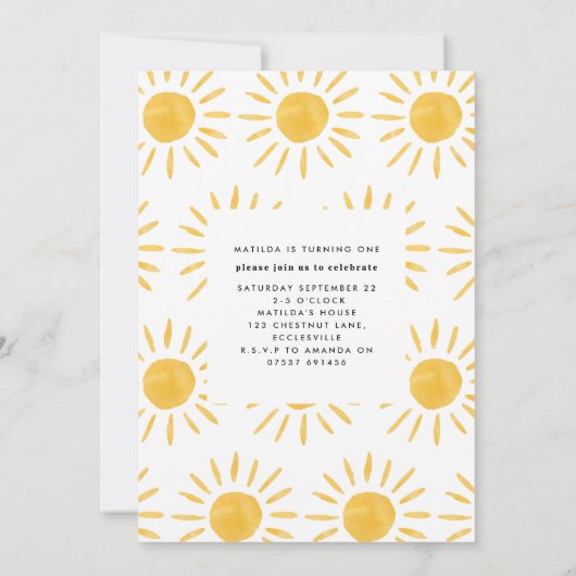 Invitation soleil 1er anniversaire aquarelle soleil jaune mod (Dos)