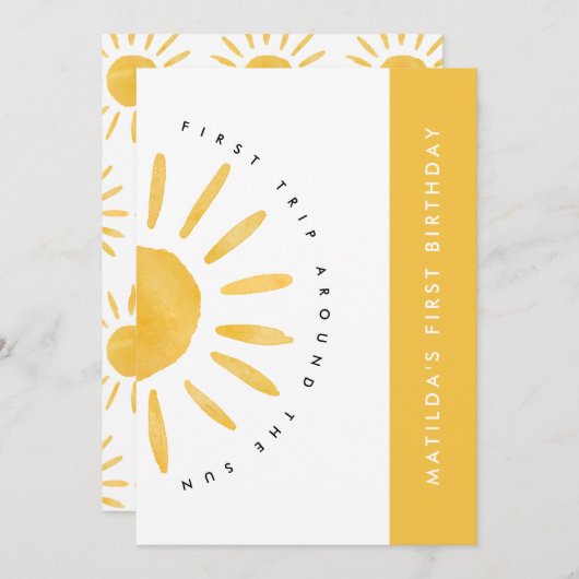 Invitation soleil 1er anniversaire aquarelle soleil jaune mod (Devant / Derrière)